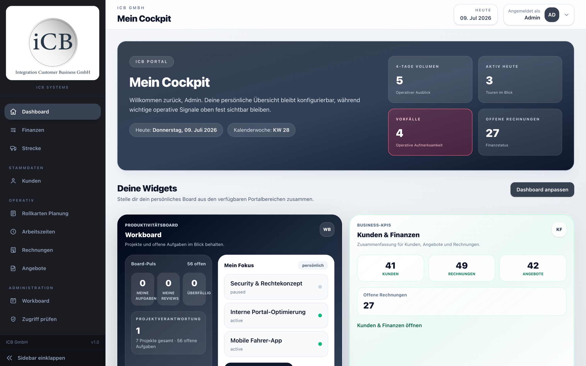 iCB Portal Plattform – Dashboard