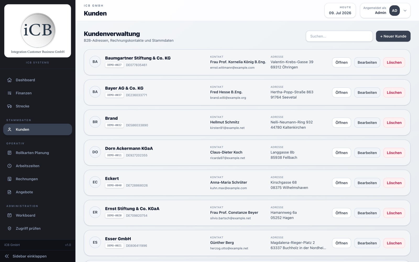 iCB Portal Plattform – Kundenverwaltung mit Stammdaten und Kontakten
